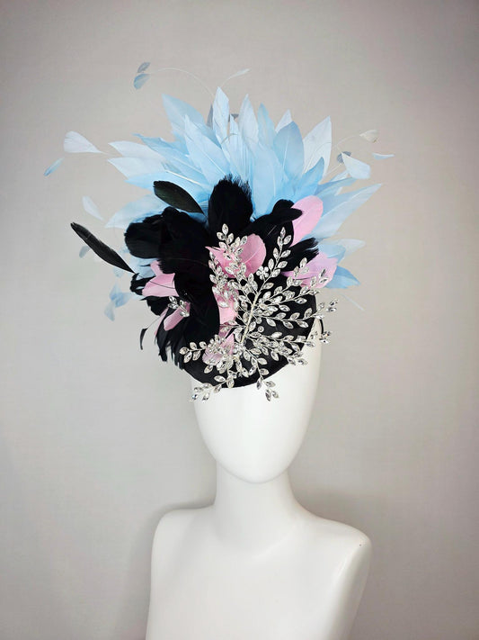 kentucky derby hat fascinator black satin with netting leaf vine crystal clear rhinestone black light pink and baby blue branching feathers