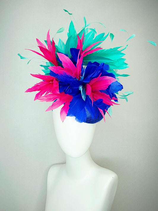 kentucky derby hat fascinator cobalt royal blue satin with netting pink feather flowers cobalt blue and mint aqua green branching feathers