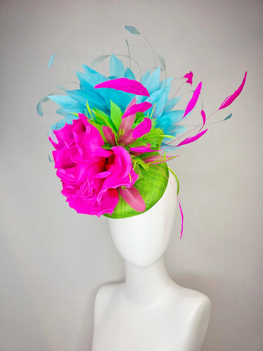 kentucky derby hat fascinator lime green sinamay with bow fuchsia pink satin silk flower lime green sky turquoise blue branching feathers