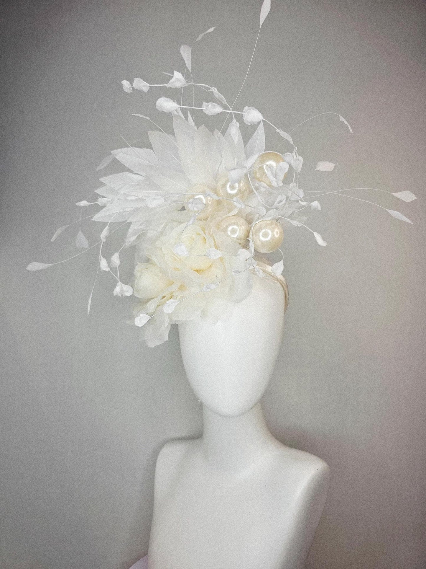 kentucky derby hat fascinator neutral ivory white organza roses with organza leaves large ivory white pearls and white branching feathers