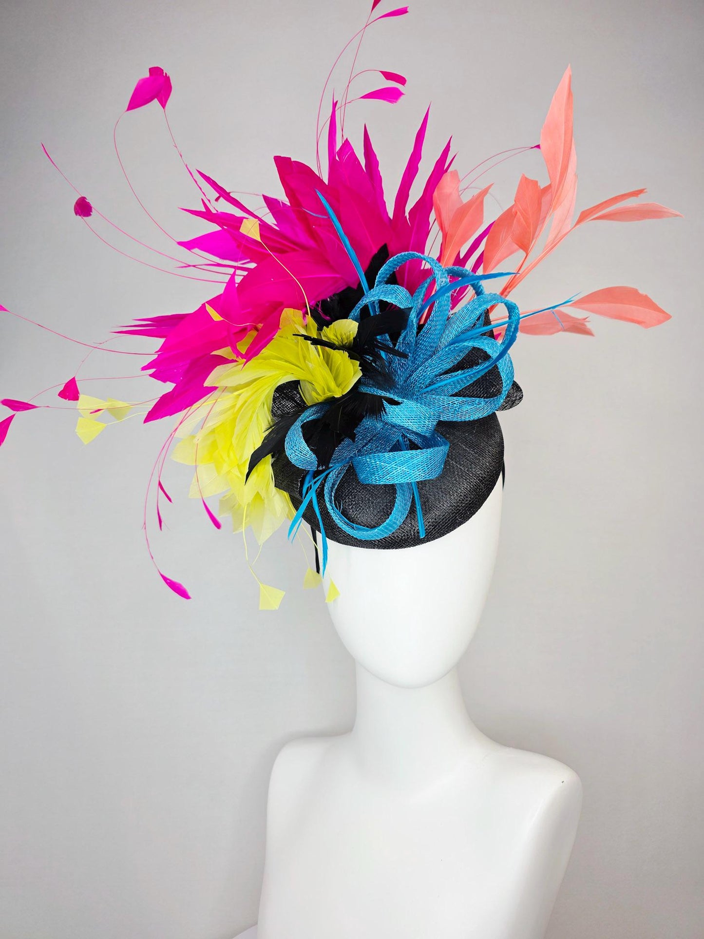 kentucky derby hat fascinator colorful black sinamay with turquoise blue sinamay bow and black yellow peach orange and hot pink feathers