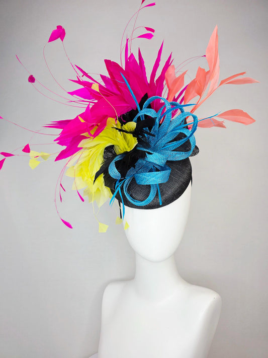 kentucky derby hat fascinator colorful black sinamay with turquoise blue sinamay bow and black yellow peach orange and hot pink feathers