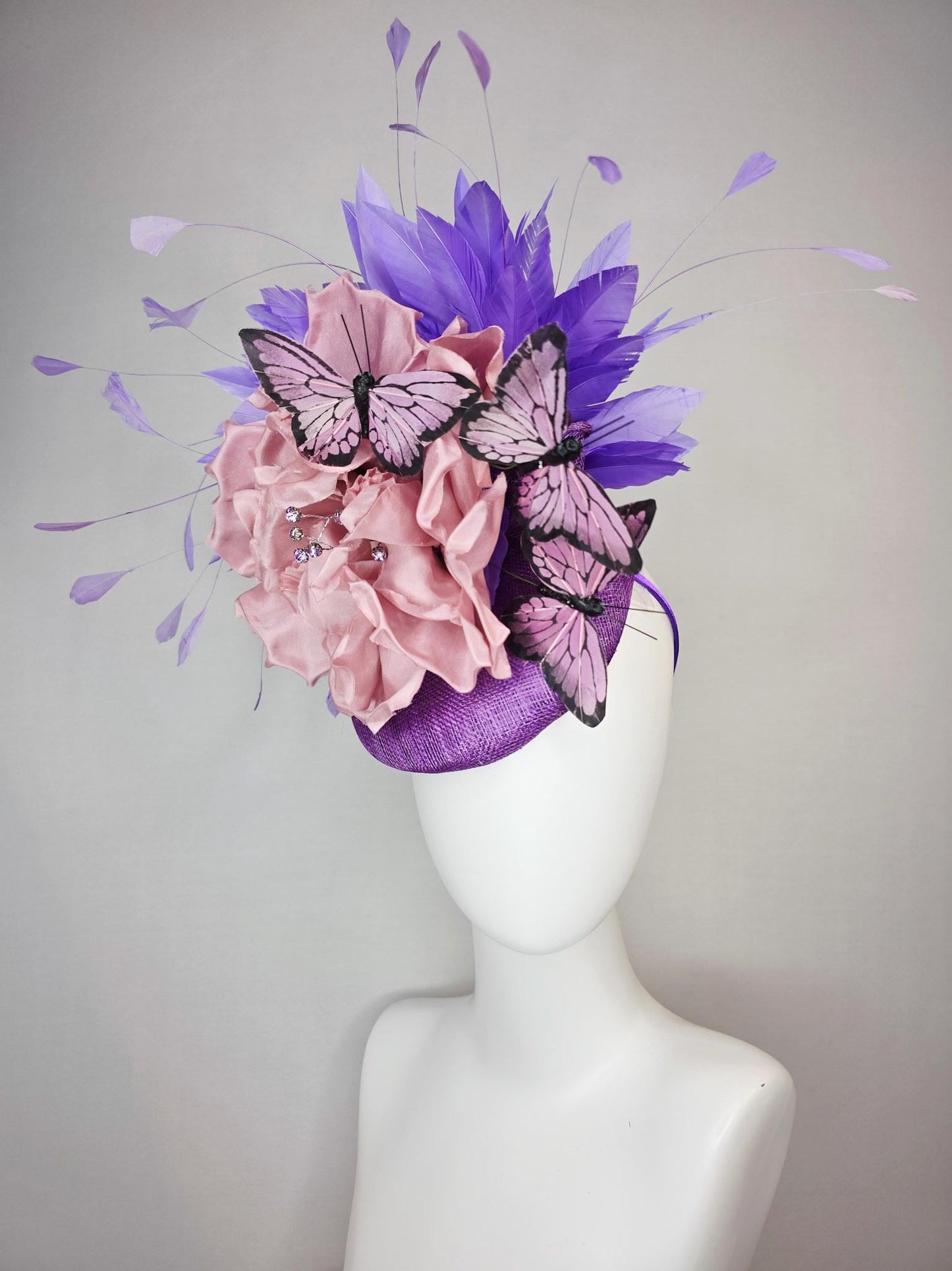 kentucky derby hat fascinator violet purple sinamay large dusty rose pink satin flower  purple feathers lilac lavender purple butterflies