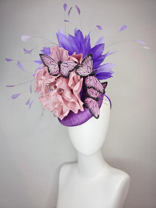 kentucky derby hat fascinator violet purple sinamay large dusty rose pink satin flower  purple feathers lilac lavender purple butterflies