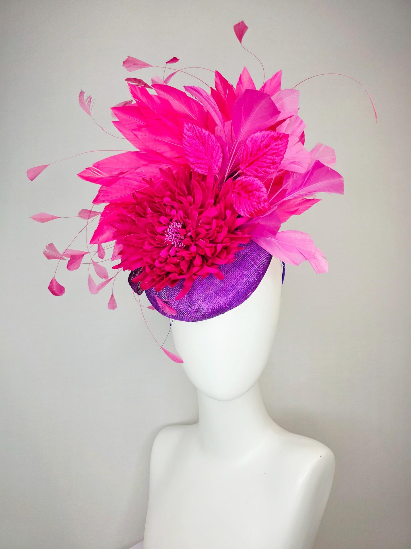 kentucky derby hat fascinator violet purple sinamay with hot pink satin flower and bright pink leaves blush and fuchsia pink feathers