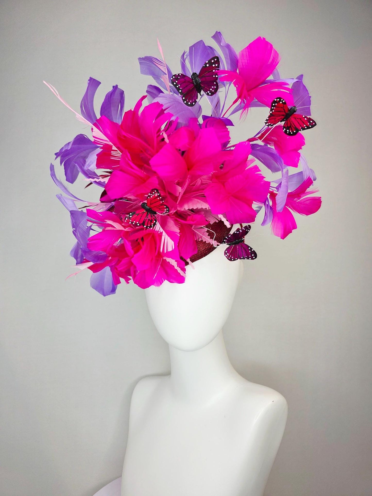kentucky derby hat fascinator burgundy red sinamay fuchsia pink lavender purple branching feathers red and dark pink butterflies