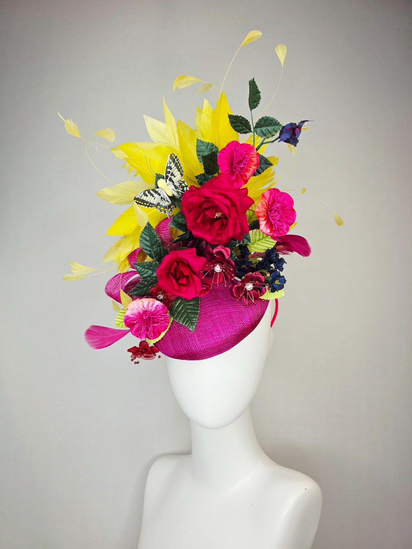 kentucky derby hat fascinator pink sinamay red satin roses fuchsia navy blue burgundy flowers dark green leaves yellow feathers butterfly