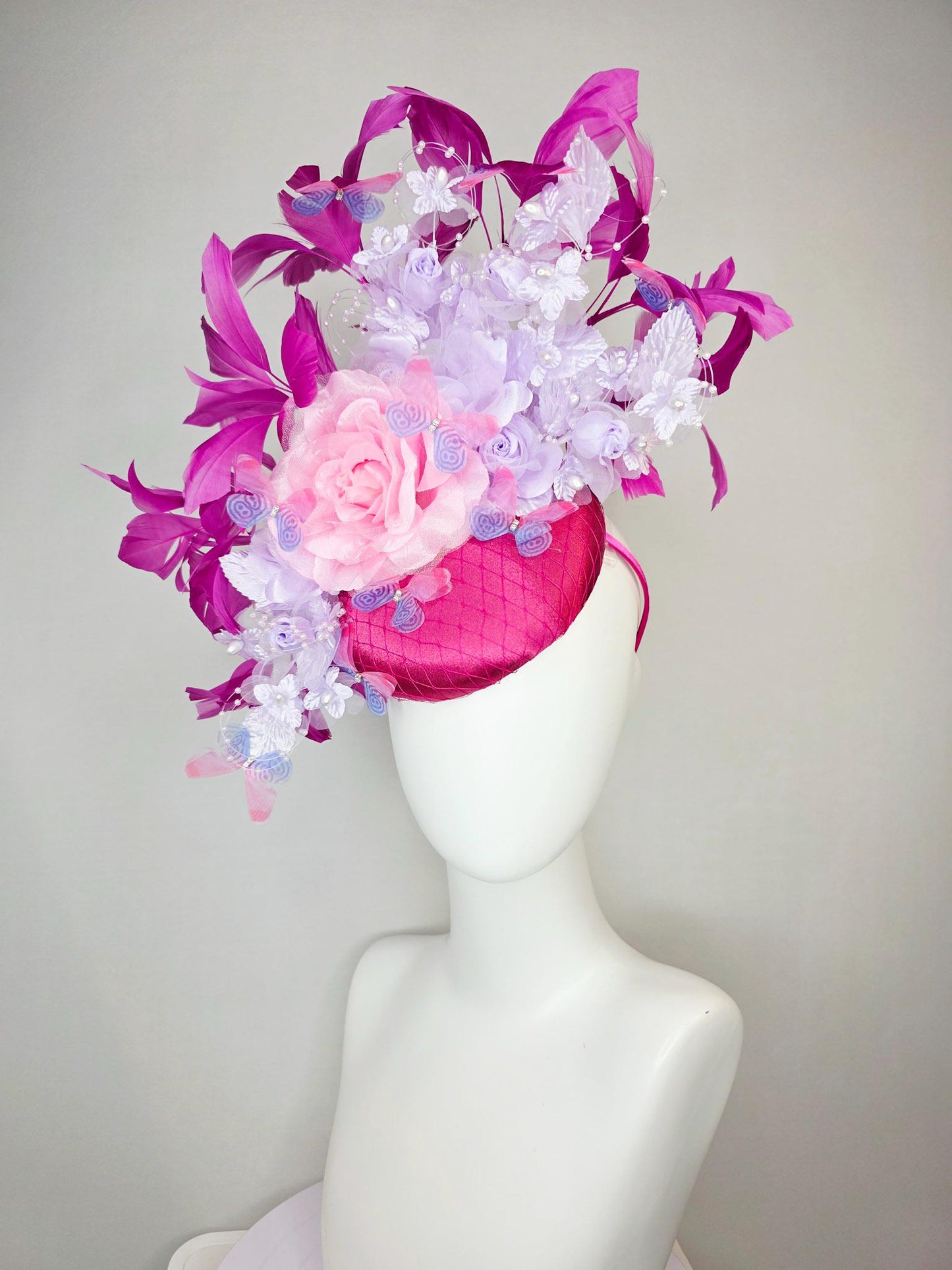 kentucky derby hat fascinator pink satin with netting light pink lavender purple organza satin roses pearl steams magenta feathers butterfly
