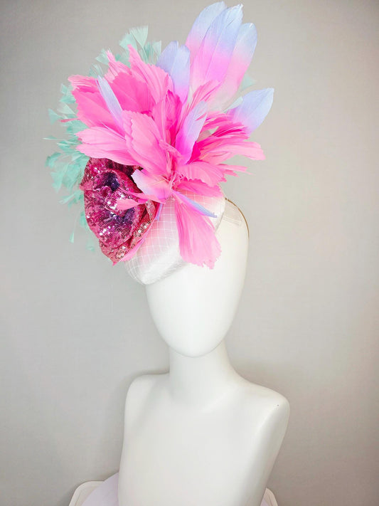 kentucky derby hat fascinator white satin with netting with pink sequin flower blush pink lavender purple mint green aqua blue feathers