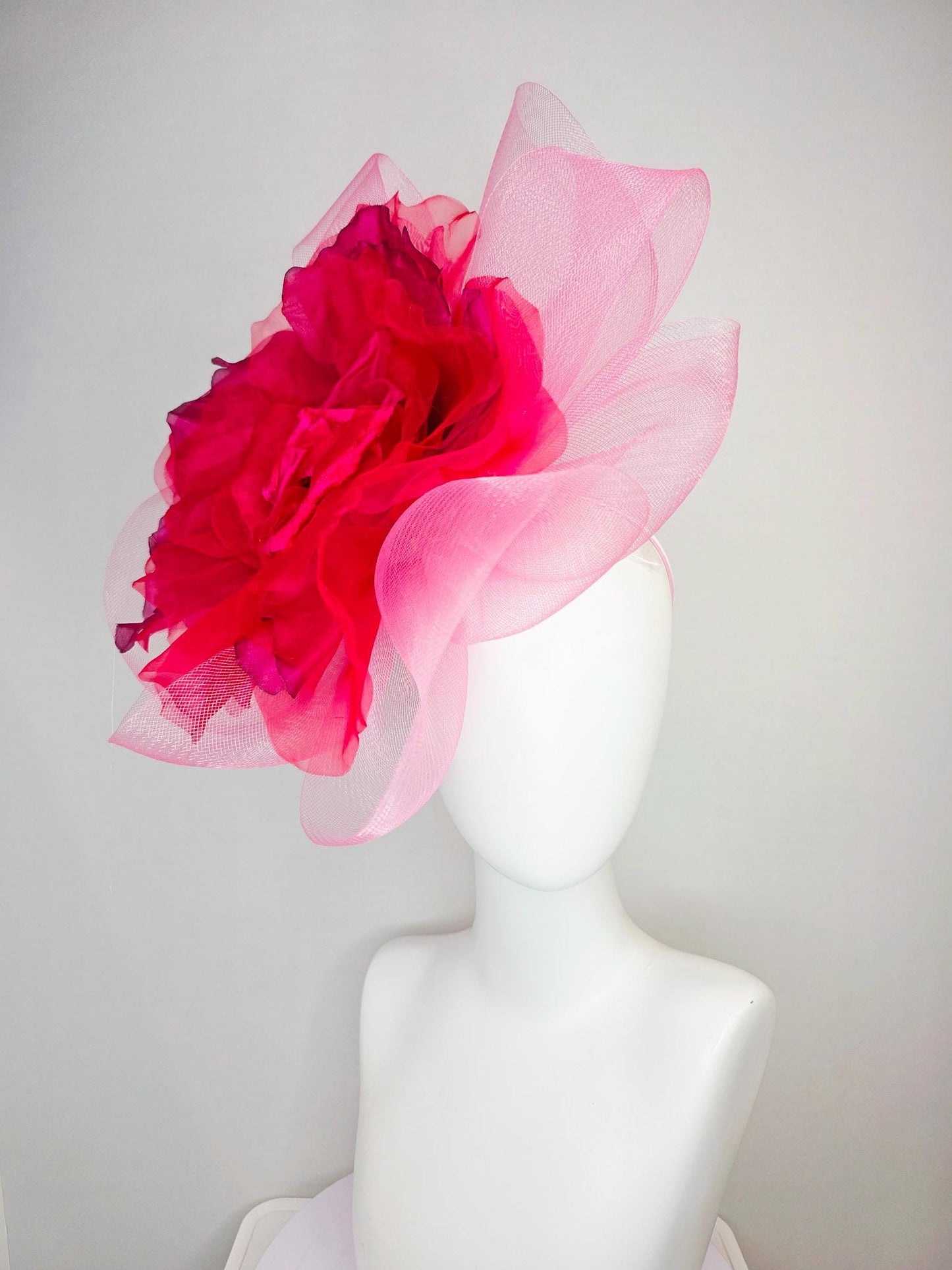 kentucky derby hat fascinator light baby pink crinoline ruffle base with large wine red organza satin flower
