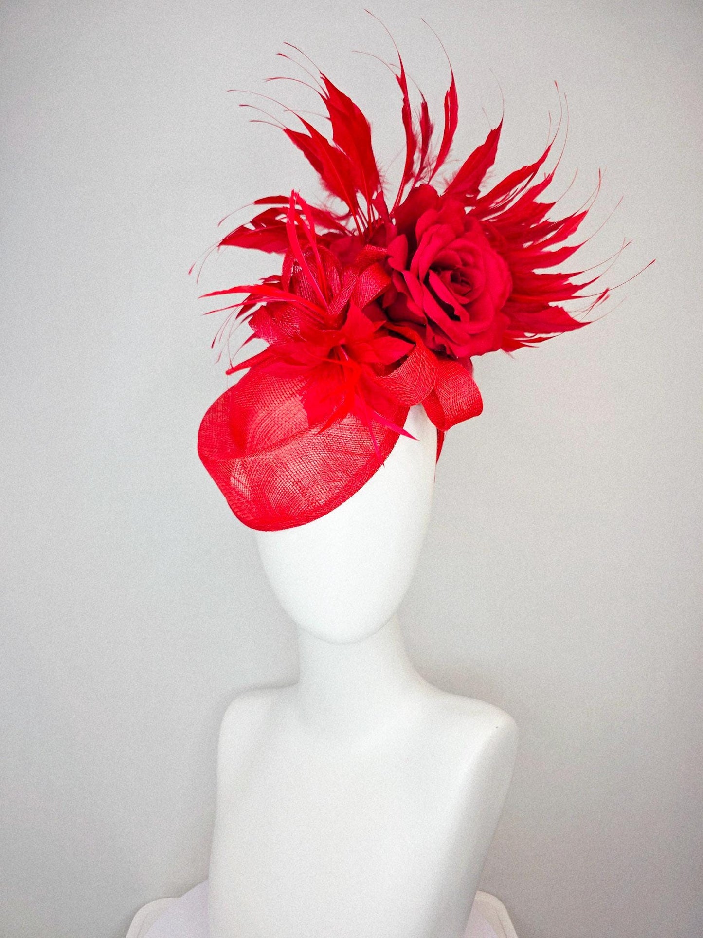 kentucky derby hat fascinator red sinamay saucer with red sinamay bow bright red feather flower scarlet red satin rose and red feathers