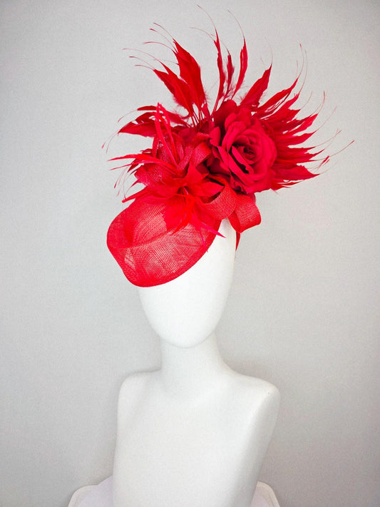 kentucky derby hat fascinator red sinamay saucer with red sinamay bow bright red feather flower scarlet red satin rose and red feathers