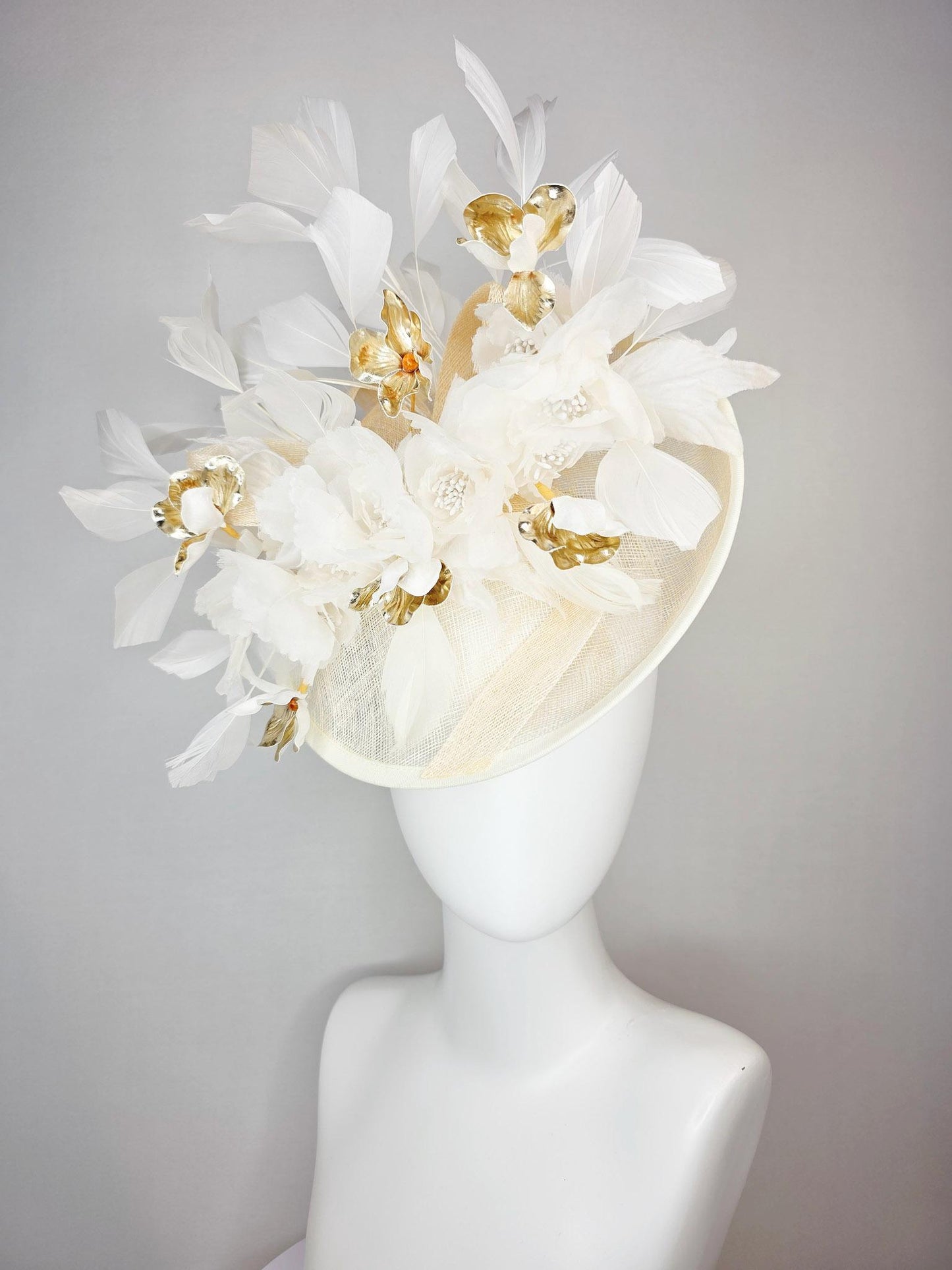 kentucky derby hat fascinator neutral cream ivory beige sinamay saucer with bow white organza flowers and gold orchids and white feathers