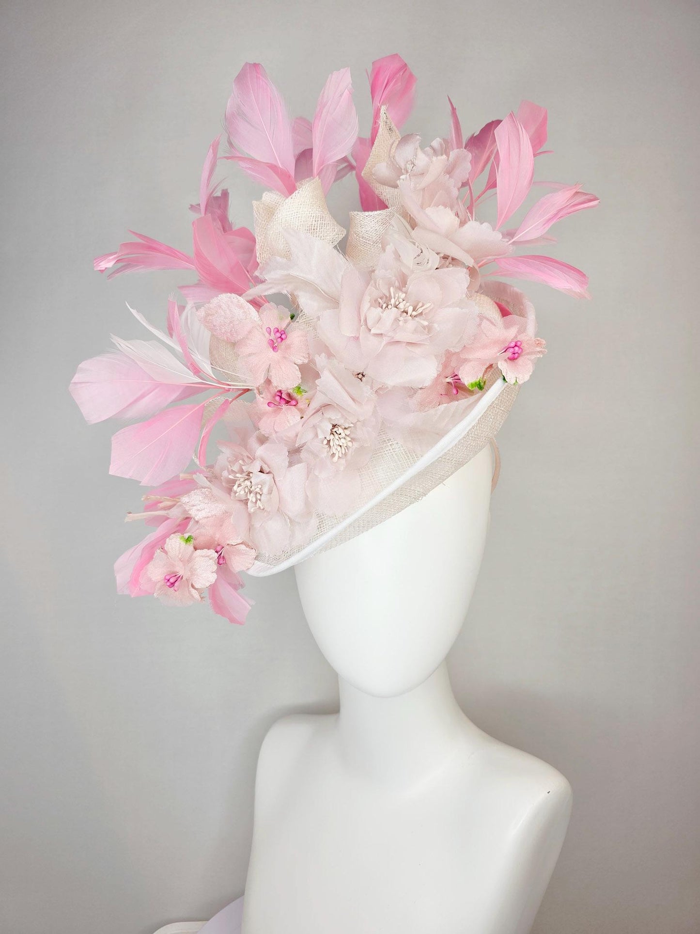 kentucky derby hat fascinator ivory white sinamay saucer with curls light pale pink organza flowers with leaves blush and baby pink feathers