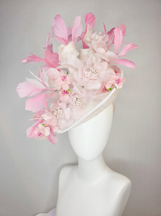 kentucky derby hat fascinator ivory white sinamay saucer with curls light pale pink organza flowers with leaves blush and baby pink feathers