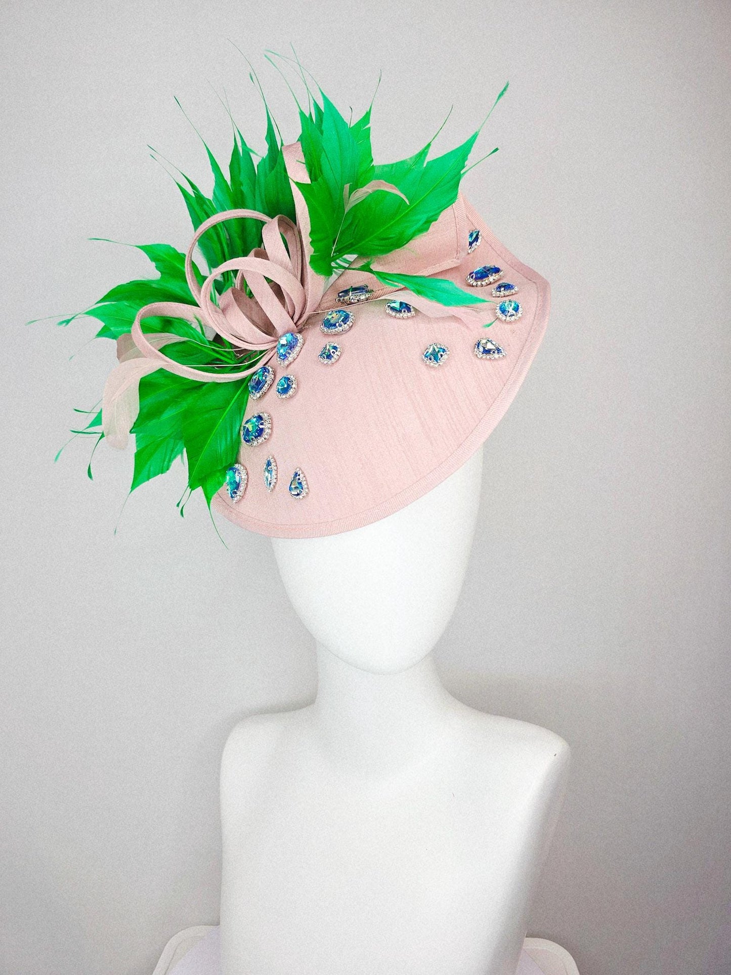 kentucky derby hat fascinator light pink shantung saucer with iridescent blue crystal rhinestone jewels shantung bow lime green feathers