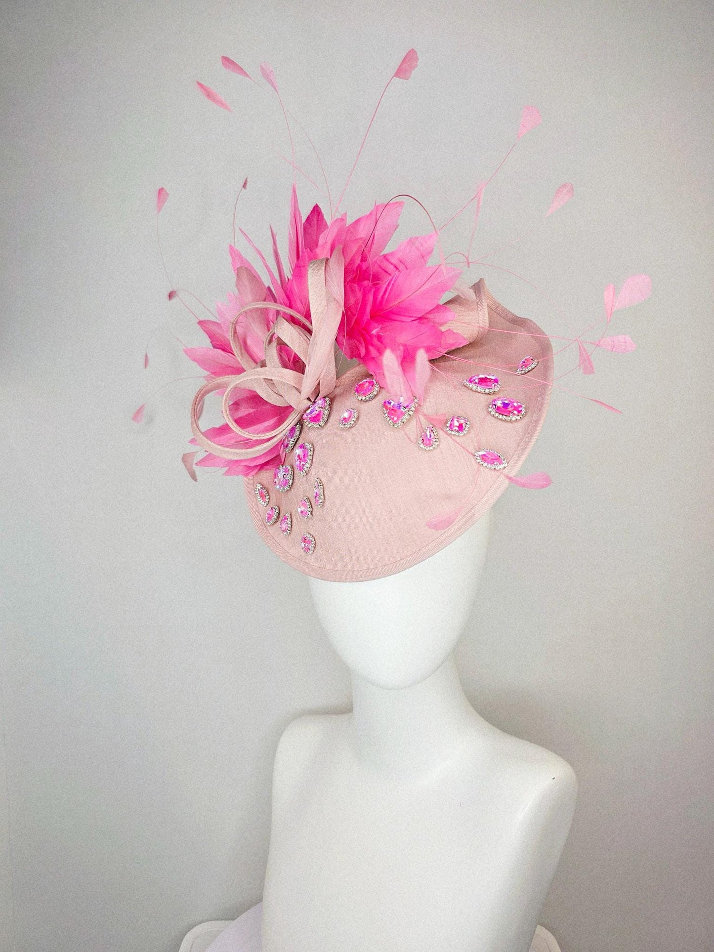 kentucky derby hat fascinator champagne pink shantung saucer iridescent pink crystal rhinestone jewels shantung bow and blush pink feathers