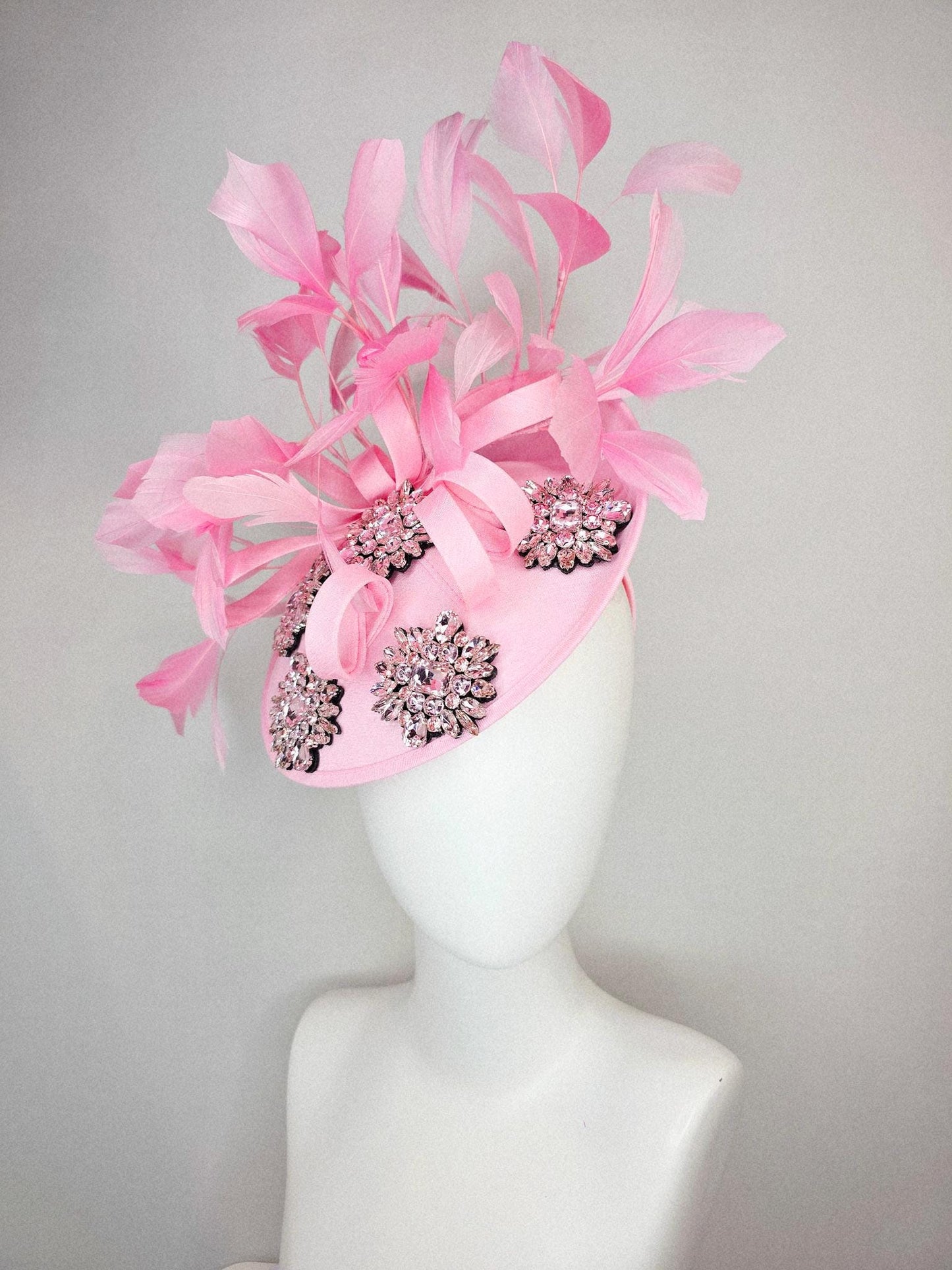 kentucky derby hat fascinator light pink shantung saucer clear crystal jewels embroidered shantung curls and baby pink branching feathers