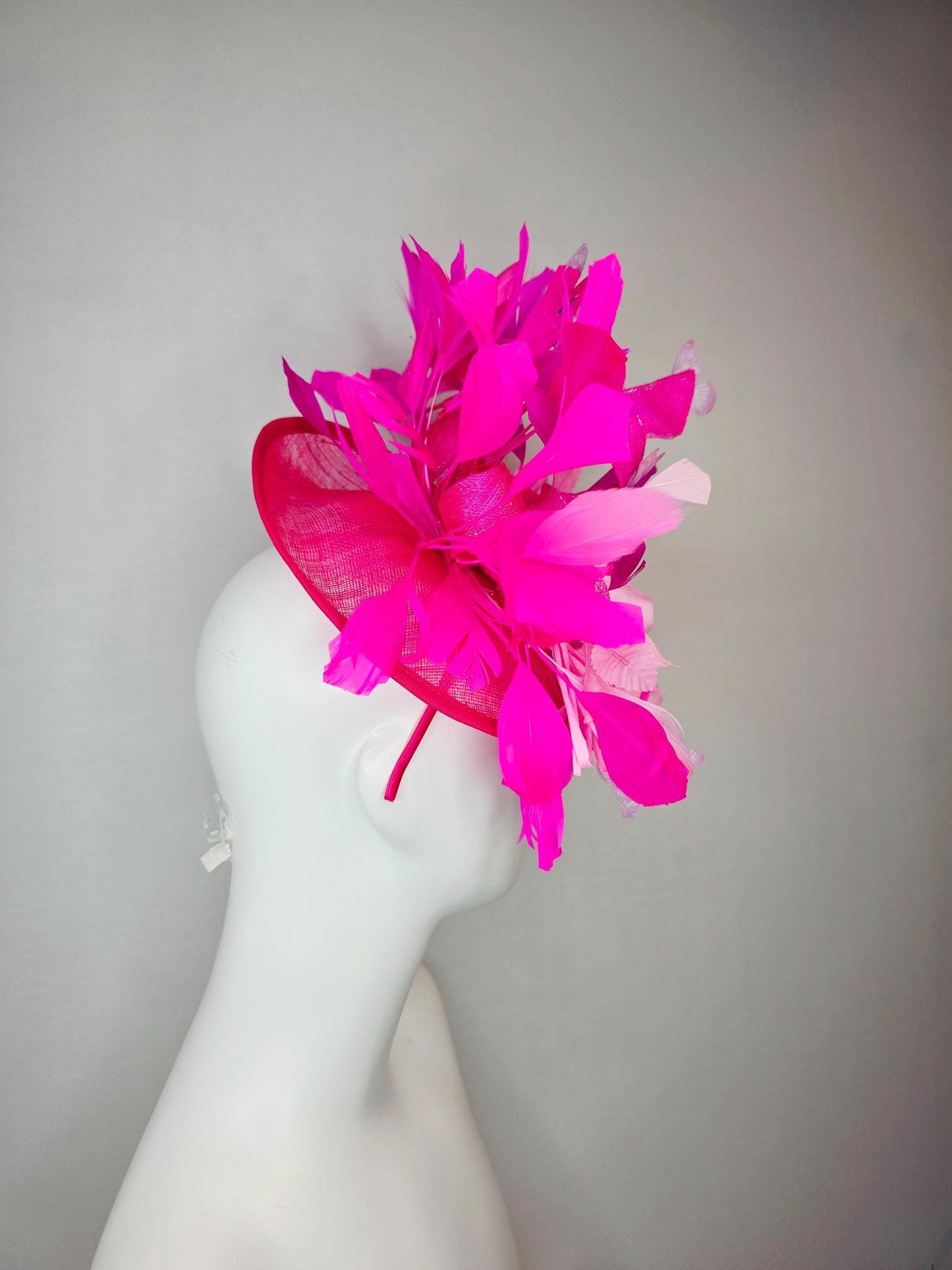 kentucky derby hat fascinator hot pink sinamay saucer blush pink satin flowers light pink leaves bright pink fuchsia feathers butterflies