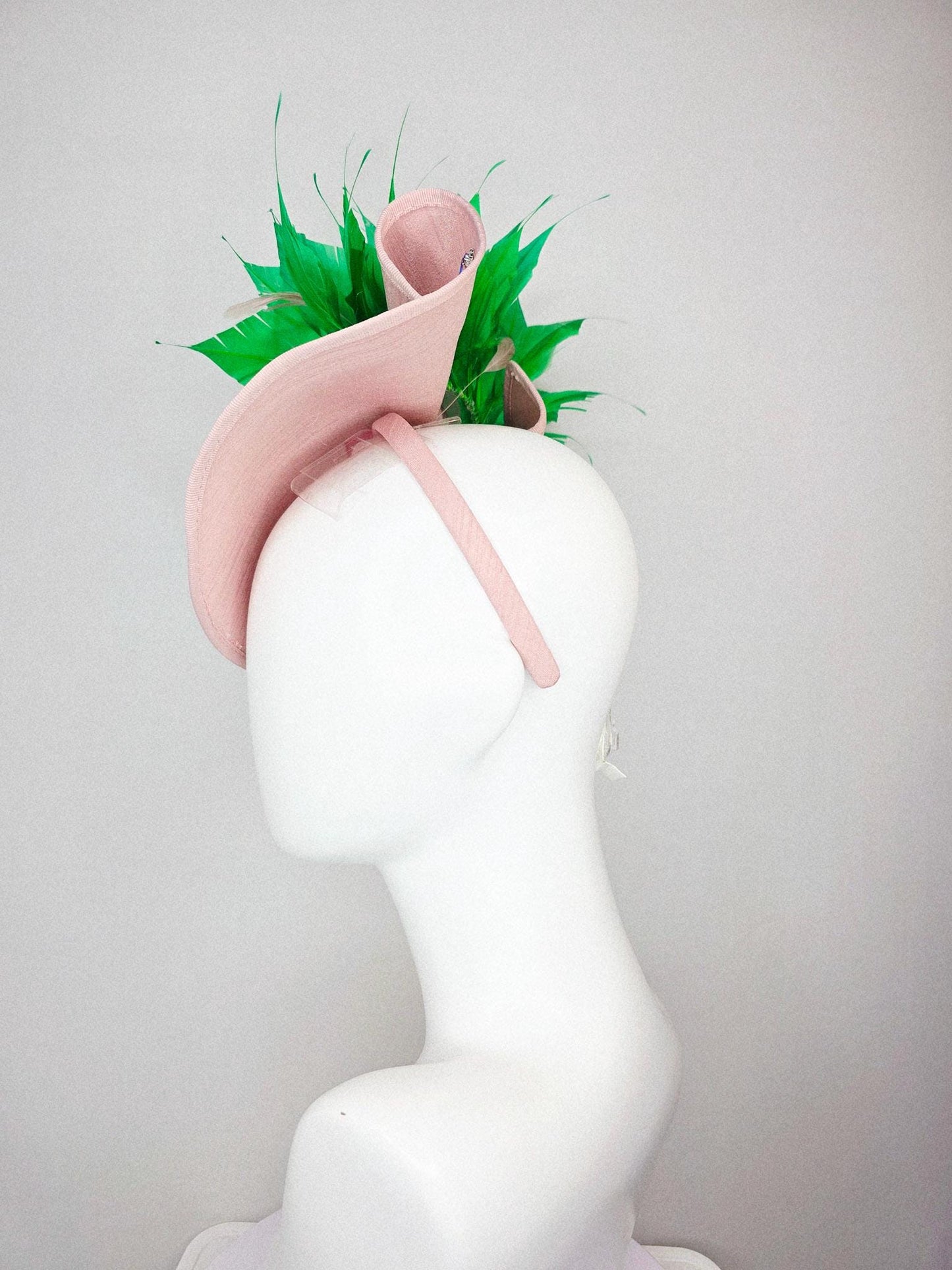 kentucky derby hat fascinator light pink shantung saucer with iridescent blue crystal rhinestone jewels shantung bow lime green feathers