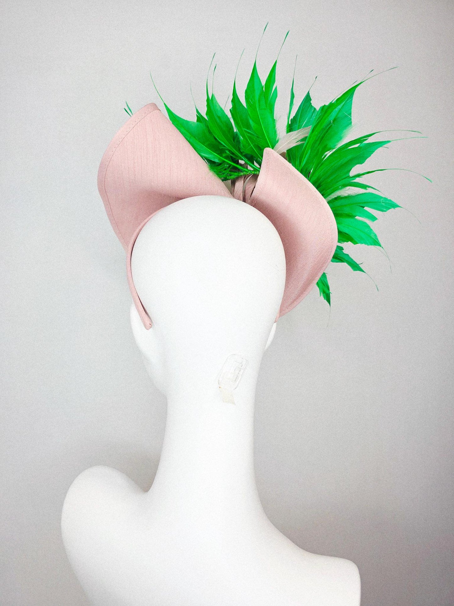 kentucky derby hat fascinator light pink shantung saucer with iridescent blue crystal rhinestone jewels shantung bow lime green feathers