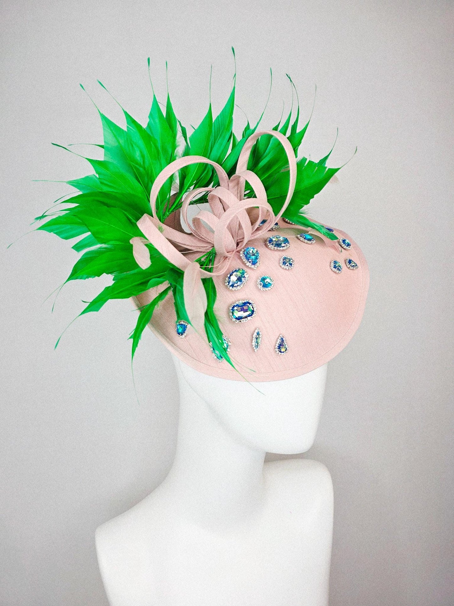 kentucky derby hat fascinator light pink shantung saucer with iridescent blue crystal rhinestone jewels shantung bow lime green feathers