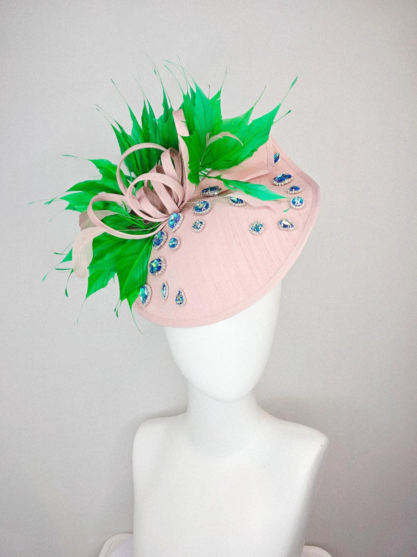 kentucky derby hat fascinator light pink shantung saucer with iridescent blue crystal rhinestone jewels shantung bow lime green feathers