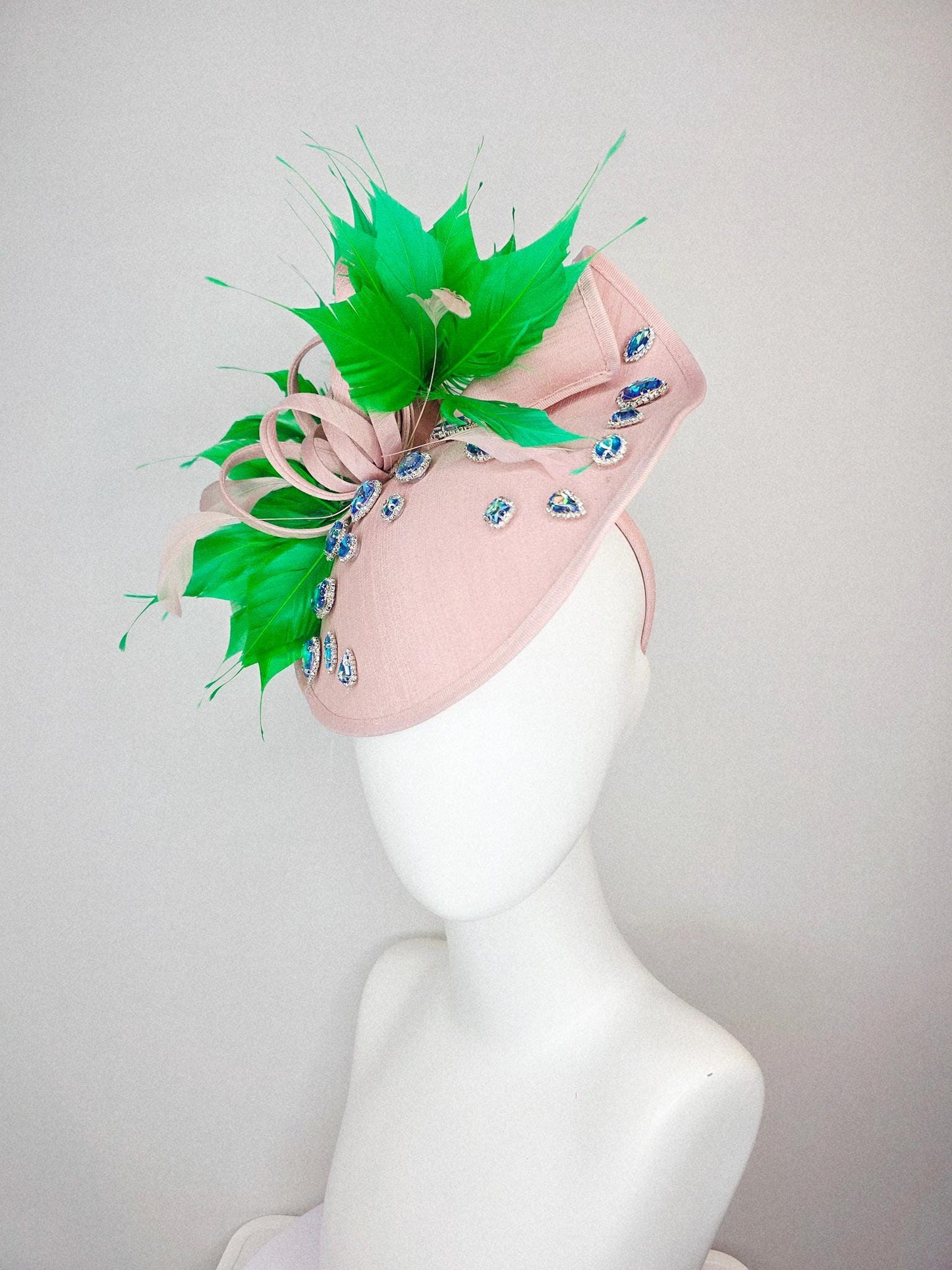 kentucky derby hat fascinator light pink shantung saucer with iridescent blue crystal rhinestone jewels shantung bow lime green feathers