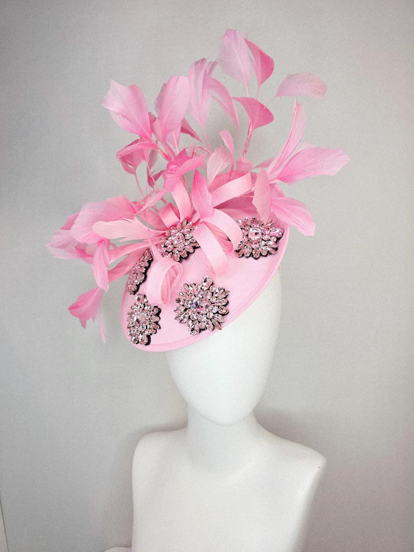 kentucky derby hat fascinator light pink shantung saucer clear crystal jewels embroidered shantung curls and baby pink branching feathers