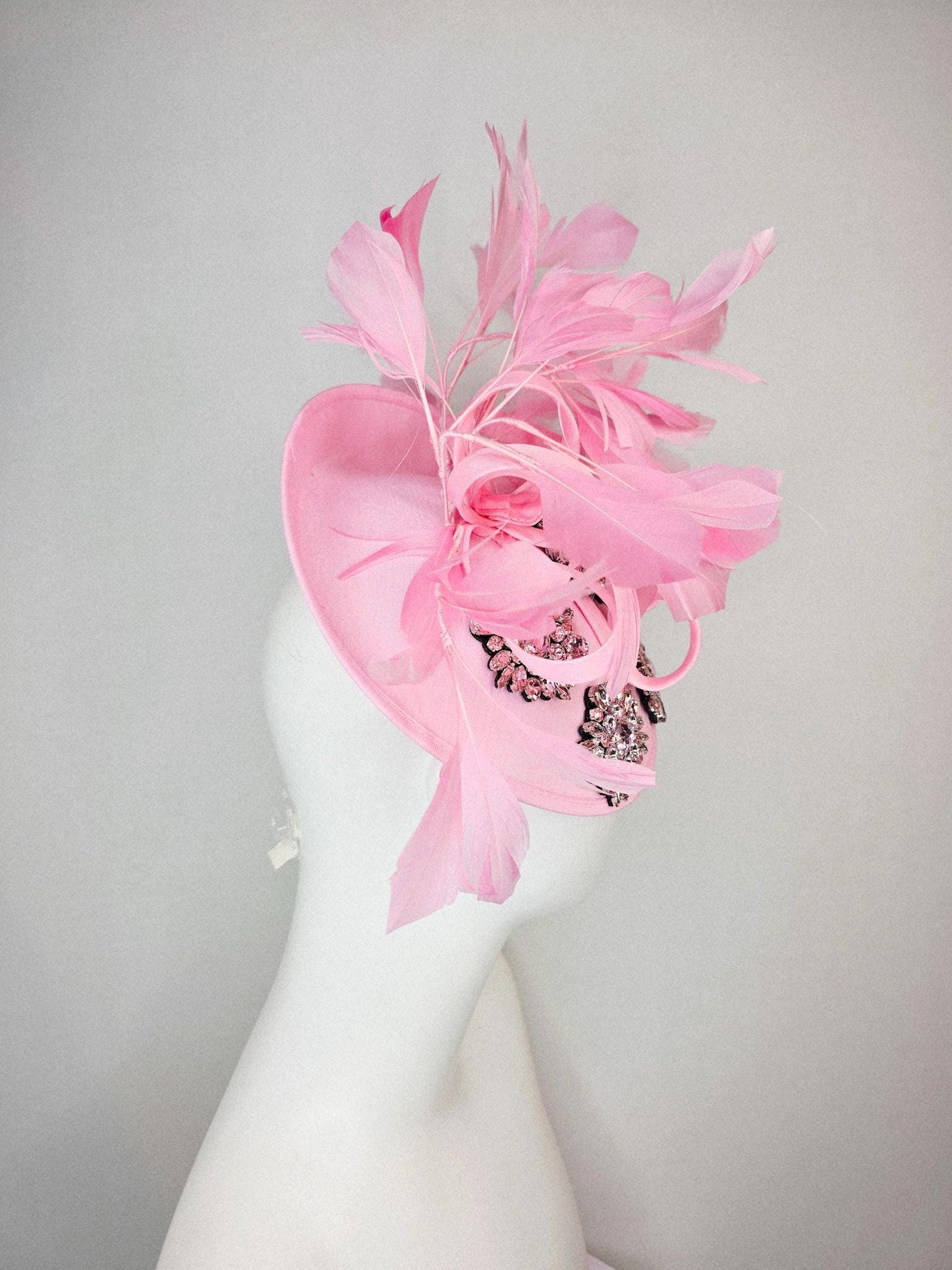 kentucky derby hat fascinator light pink shantung saucer clear crystal jewels embroidered shantung curls and baby pink branching feathers