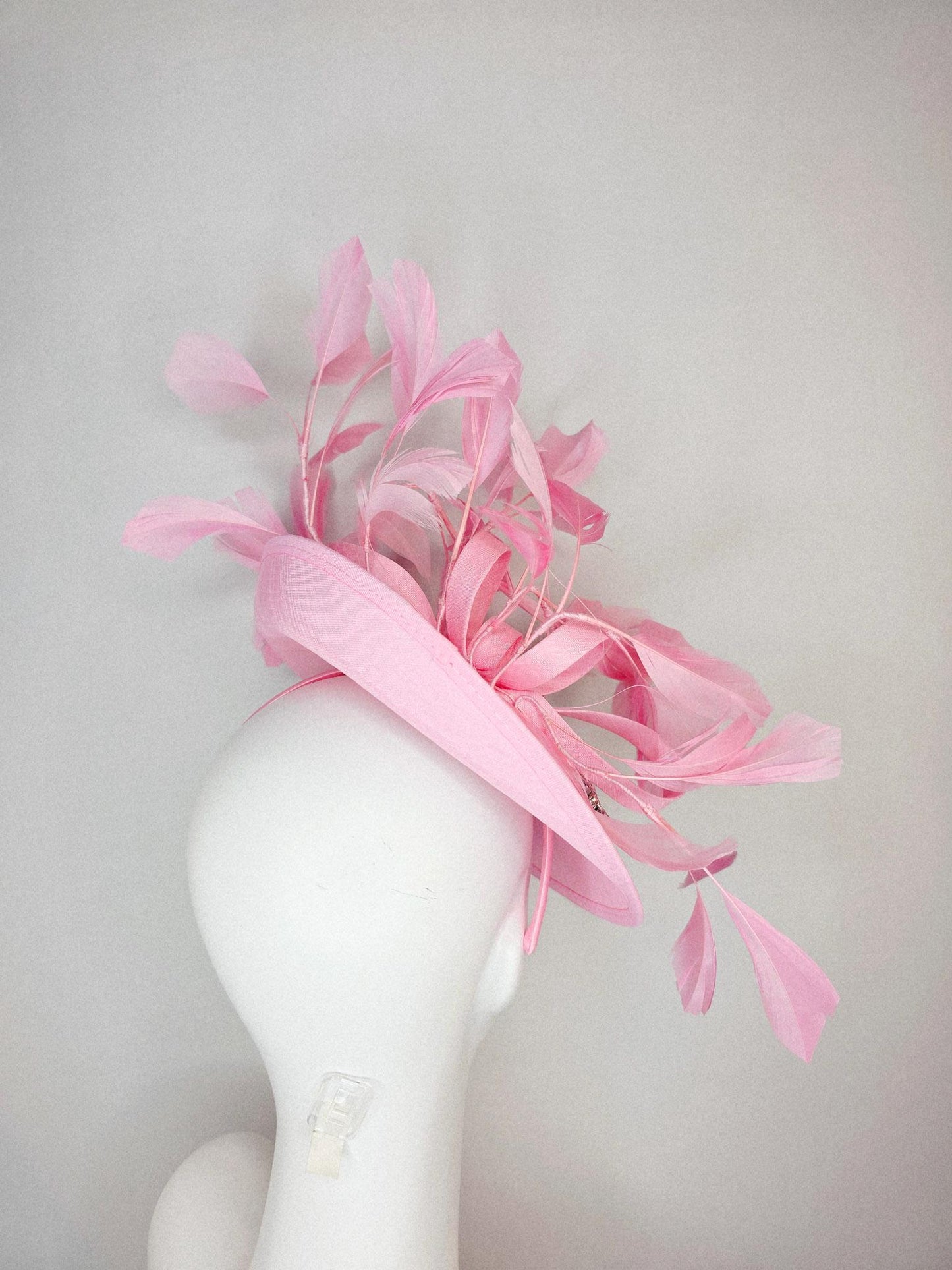 kentucky derby hat fascinator light pink shantung saucer clear crystal jewels embroidered shantung curls and baby pink branching feathers