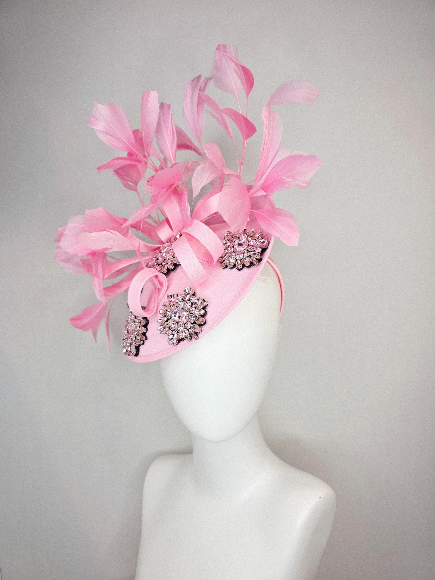kentucky derby hat fascinator light pink shantung saucer clear crystal jewels embroidered shantung curls and baby pink branching feathers
