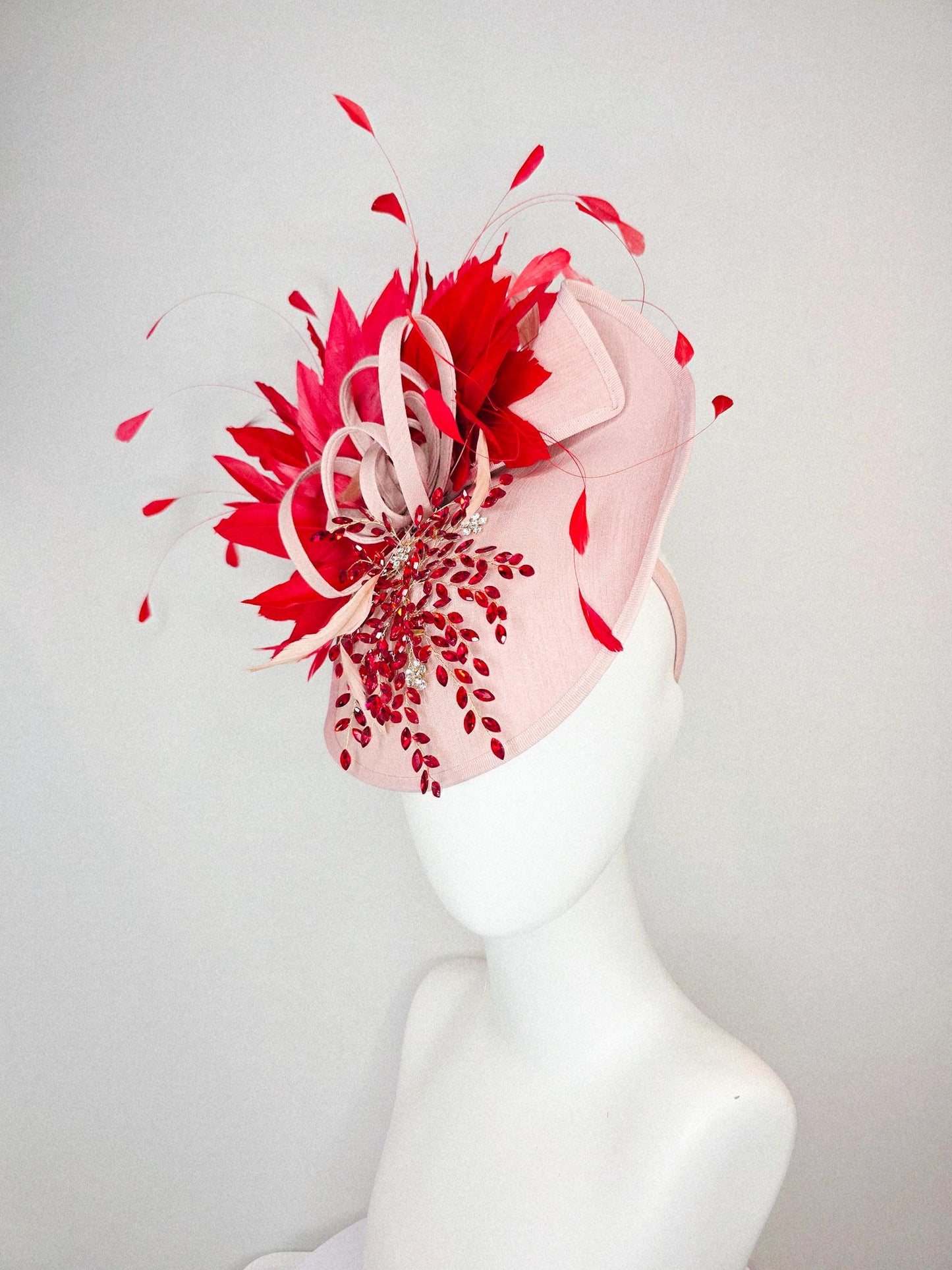 kentucky derby hat fascinator champagne pink shantung saucer with crystal red leaf vine shantung curls and scarlet red branching feathers