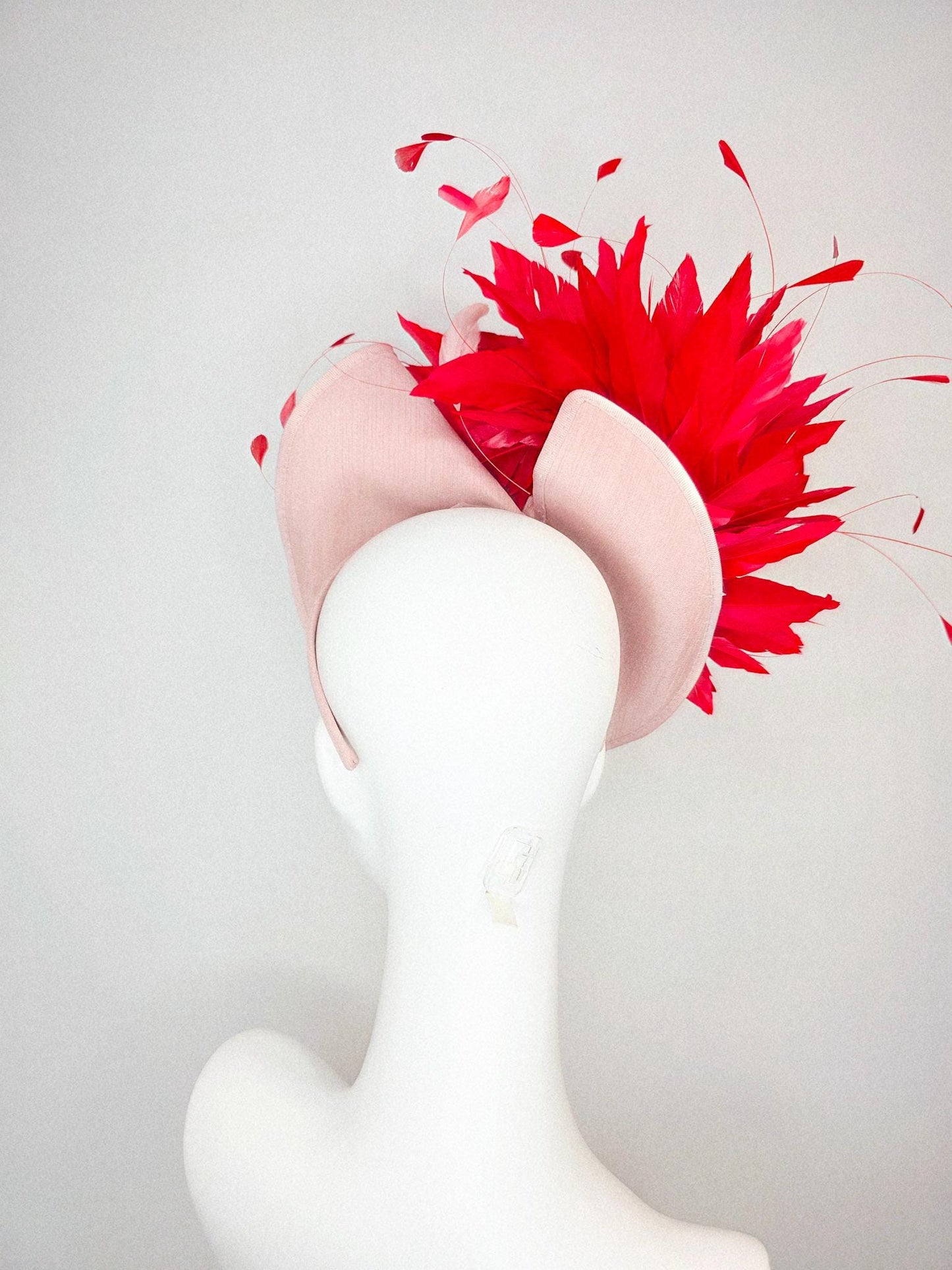 kentucky derby hat fascinator champagne pink shantung saucer with crystal red leaf vine shantung curls and scarlet red branching feathers