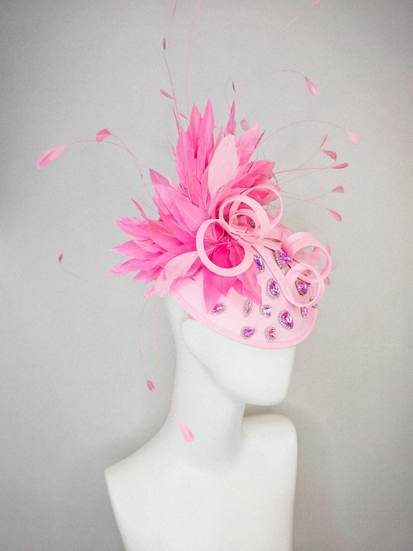 kentucky derby hat fascinator light baby pink shantung saucer iridescent pink crystal rhinestone jewels shantung bow blush pink feathers
