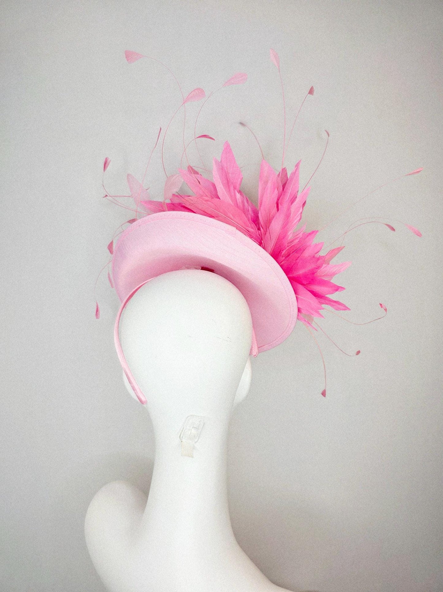 kentucky derby hat fascinator light baby pink shantung saucer iridescent pink crystal rhinestone jewels shantung bow blush pink feathers