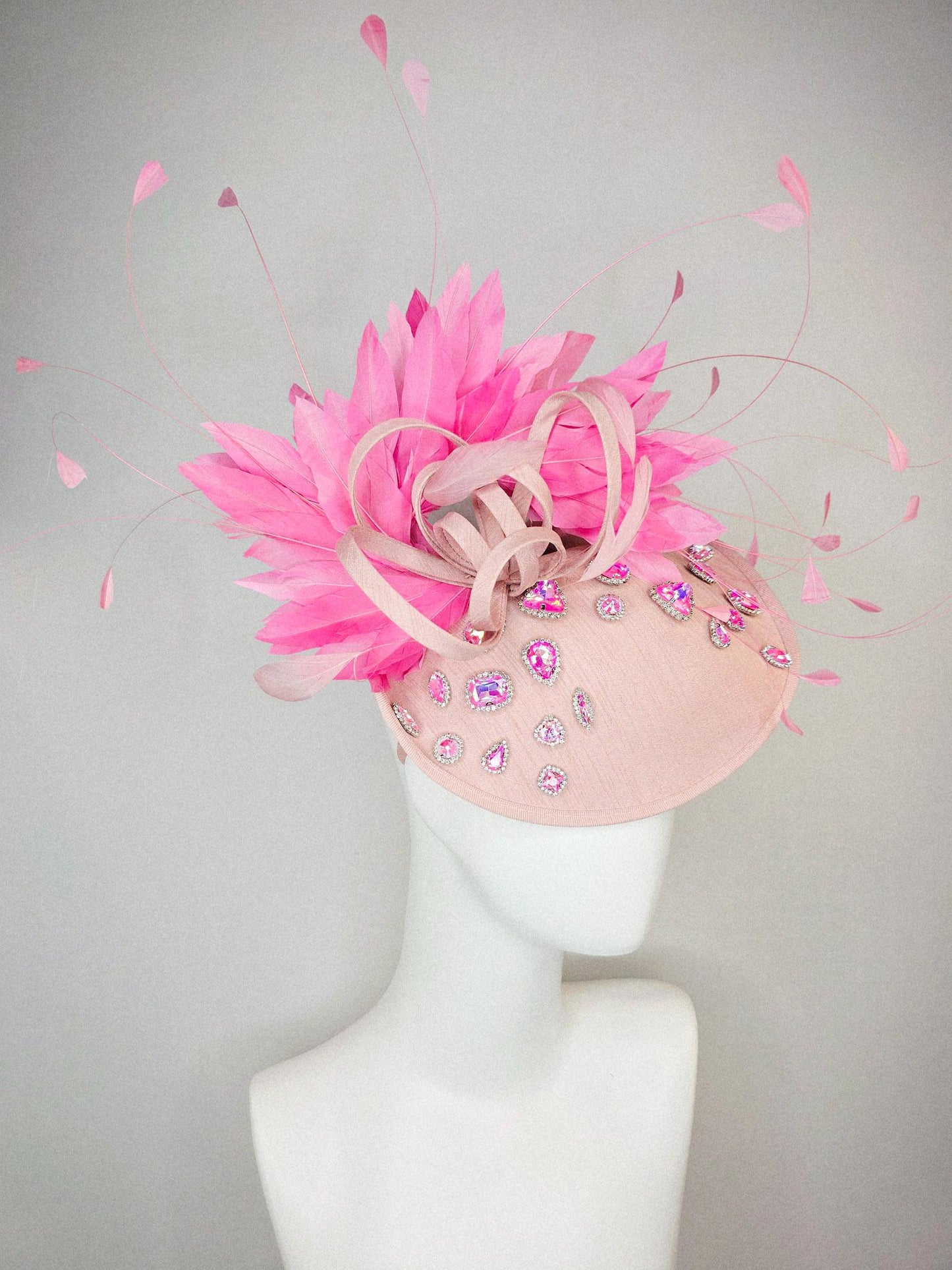 kentucky derby hat fascinator champagne pink shantung saucer iridescent pink crystal rhinestone jewels shantung bow and blush pink feathers