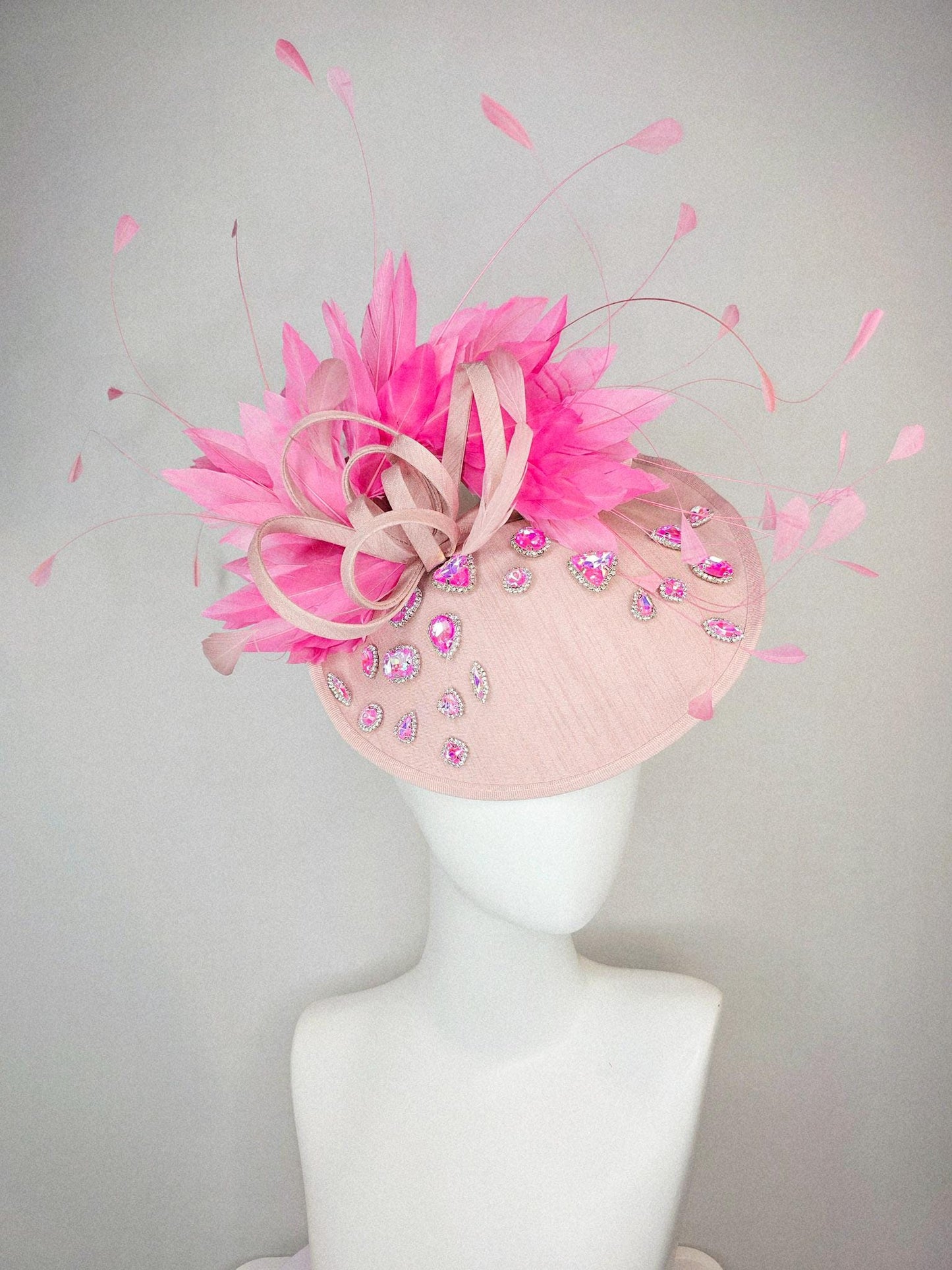 kentucky derby hat fascinator champagne pink shantung saucer iridescent pink crystal rhinestone jewels shantung bow and blush pink feathers