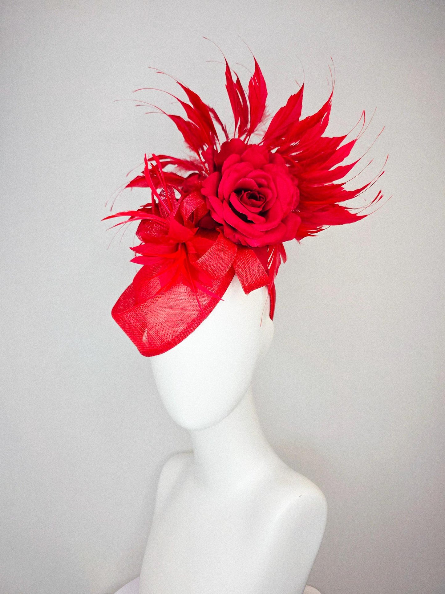 kentucky derby hat fascinator red sinamay saucer with red sinamay bow bright red feather flower scarlet red satin rose and red feathers