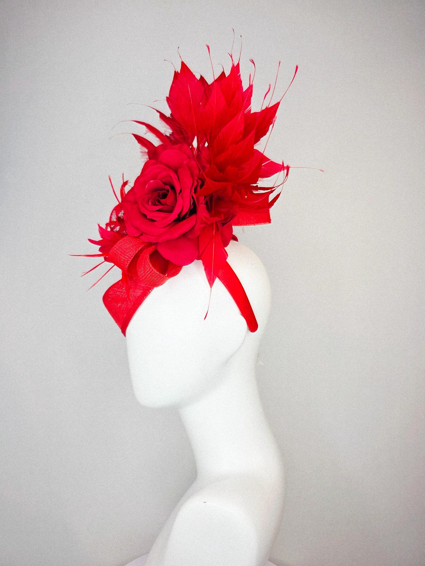 kentucky derby hat fascinator red sinamay saucer with red sinamay bow bright red feather flower scarlet red satin rose and red feathers