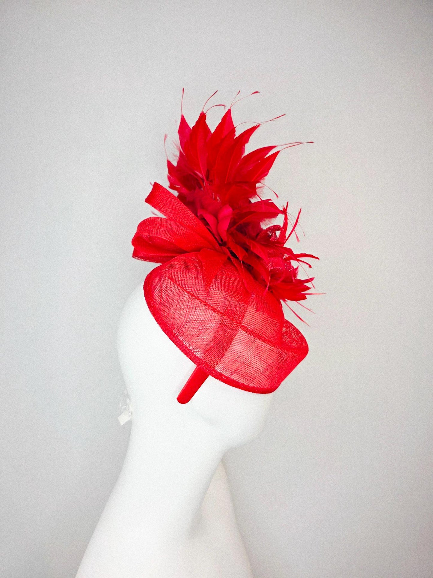 kentucky derby hat fascinator red sinamay saucer with red sinamay bow bright red feather flower scarlet red satin rose and red feathers