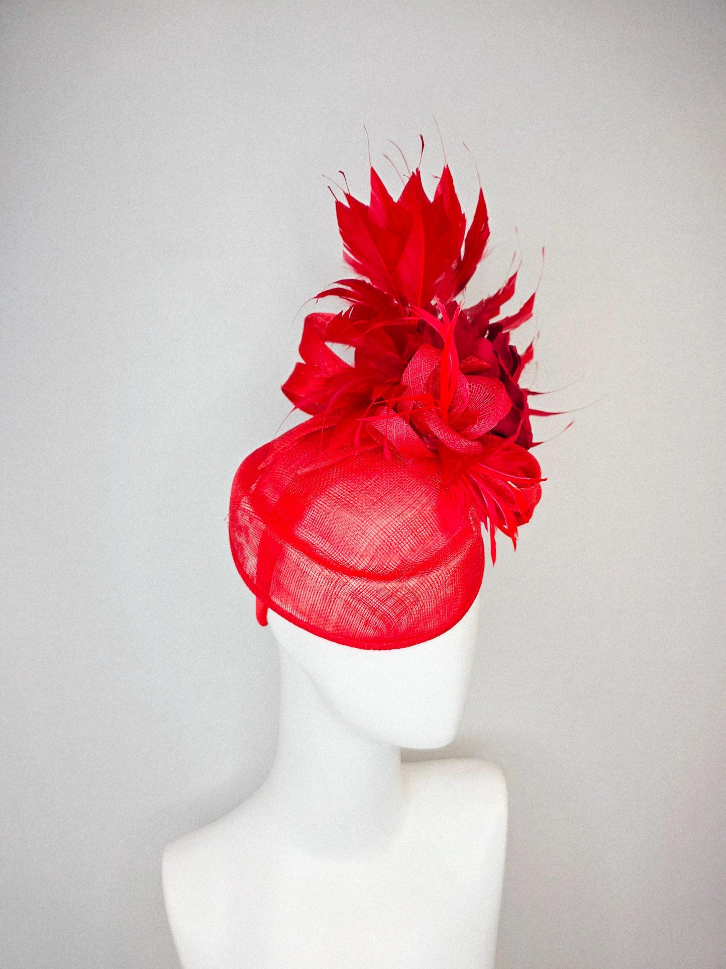kentucky derby hat fascinator red sinamay saucer with red sinamay bow bright red feather flower scarlet red satin rose and red feathers