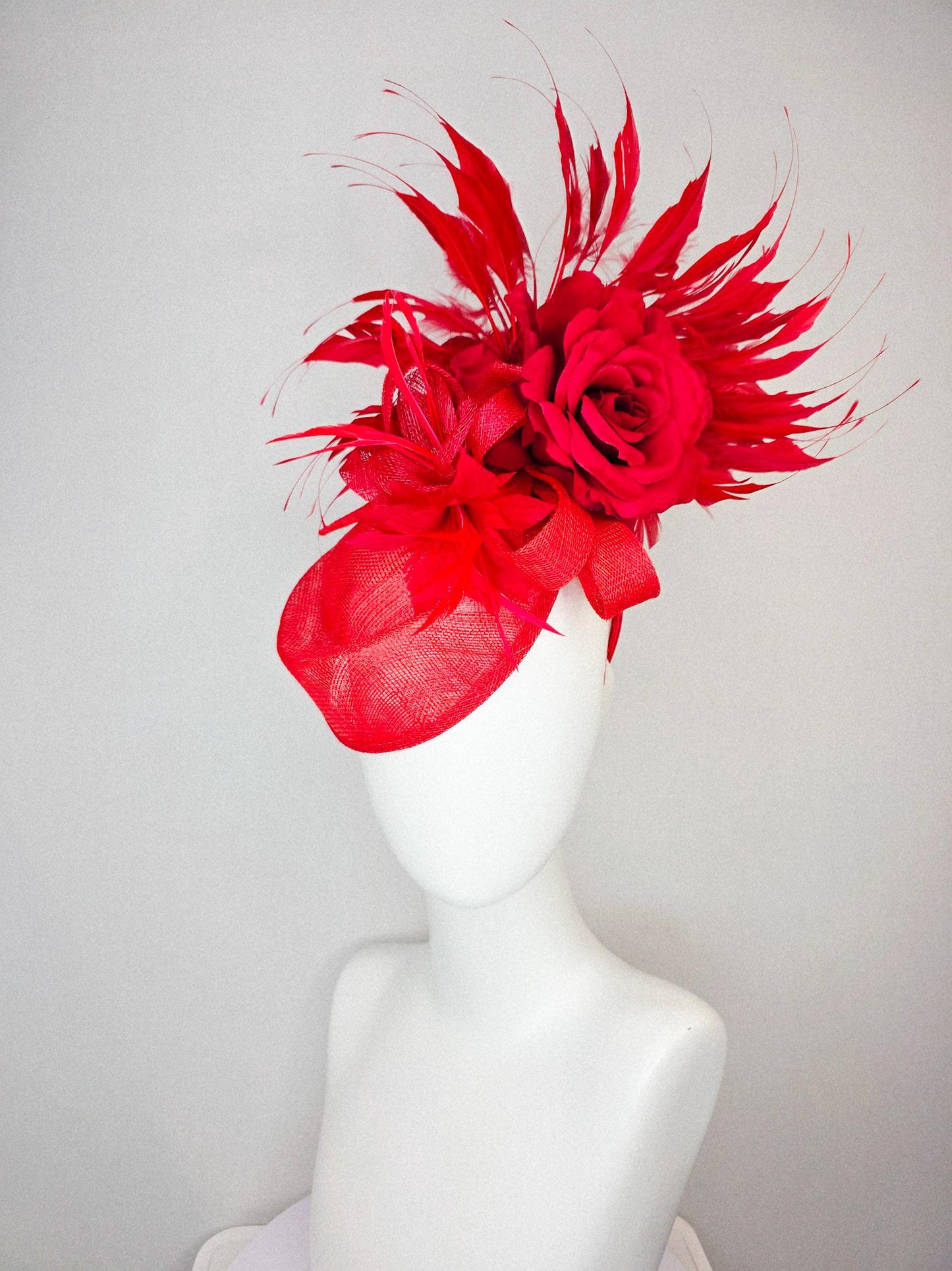 kentucky derby hat fascinator red sinamay saucer with red sinamay bow bright red feather flower scarlet red satin rose and red feathers