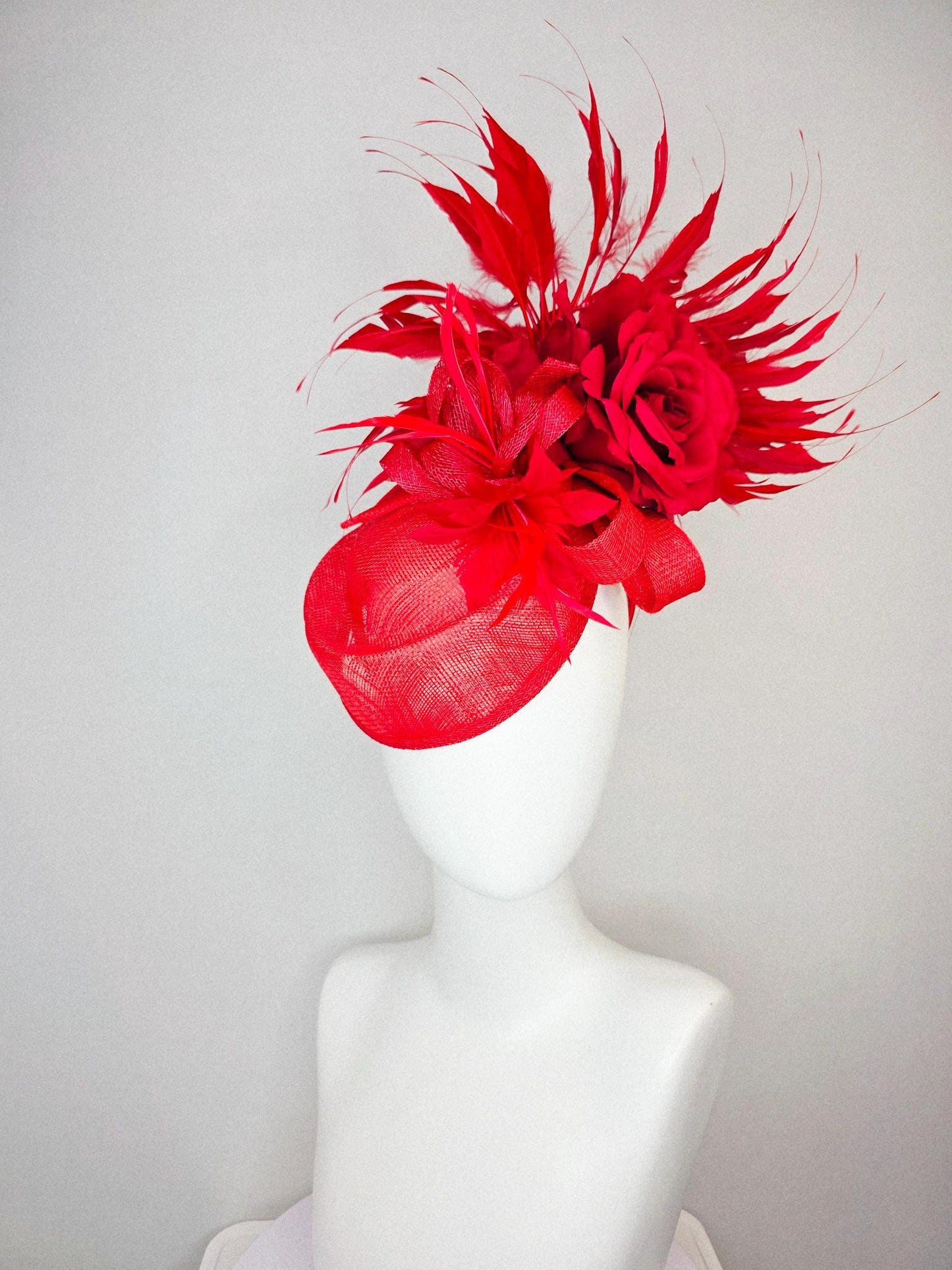 kentucky derby hat fascinator red sinamay saucer with red sinamay bow bright red feather flower scarlet red satin rose and red feathers