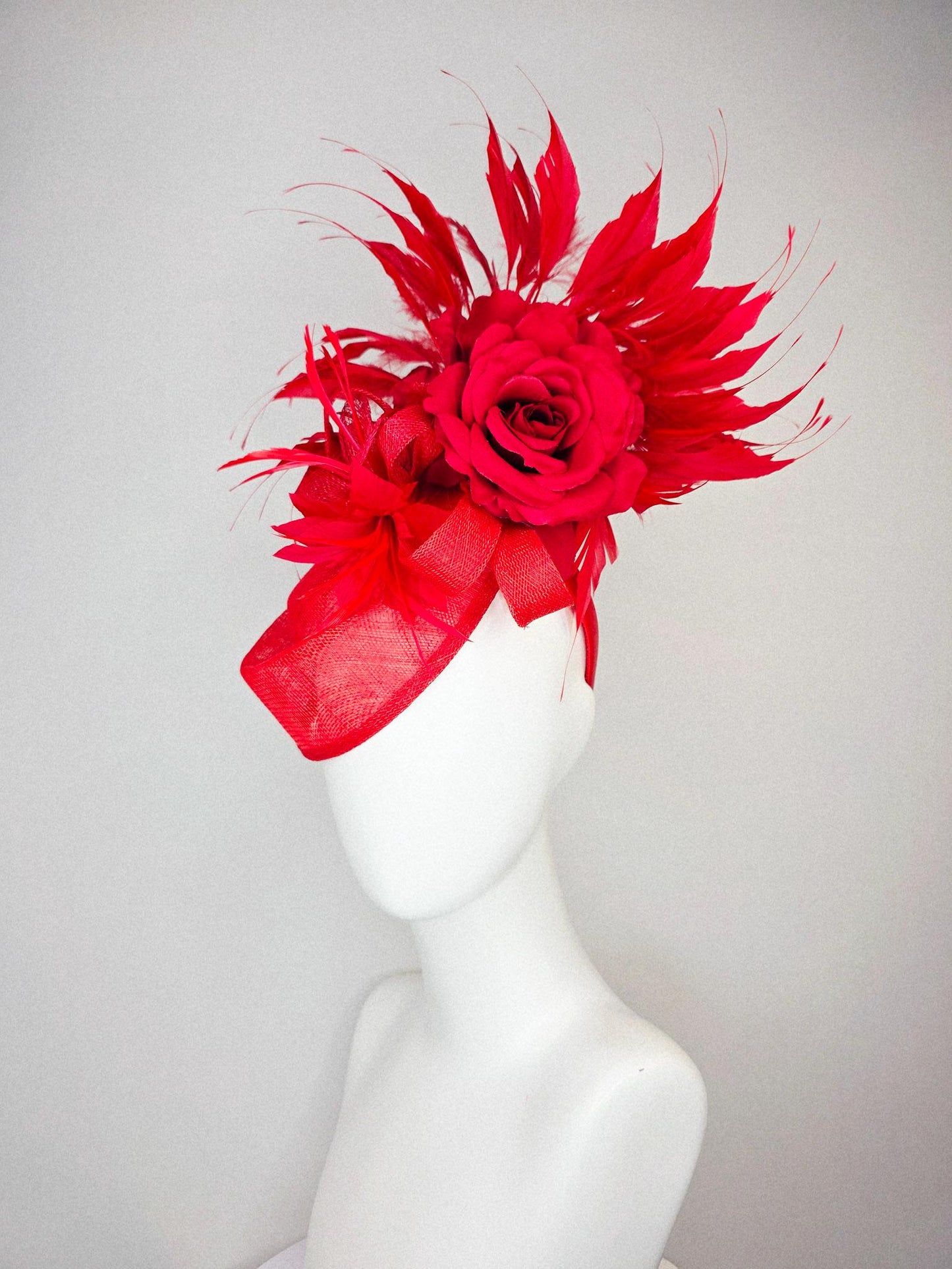 kentucky derby hat fascinator red sinamay saucer with red sinamay bow bright red feather flower scarlet red satin rose and red feathers
