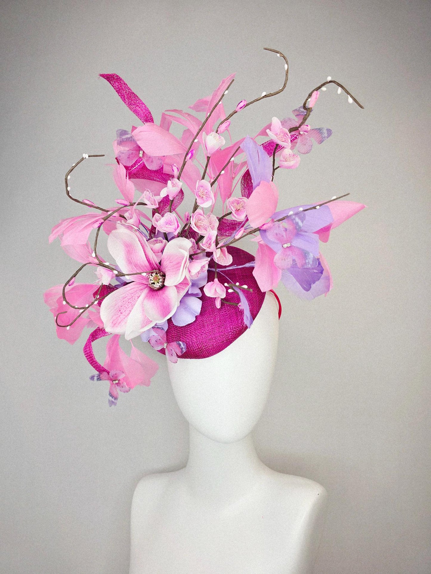 kentucky derby hat fascinator magenta pink sinamay light pink flowers blush pink lavender purple branching feathers baby pink butterflies