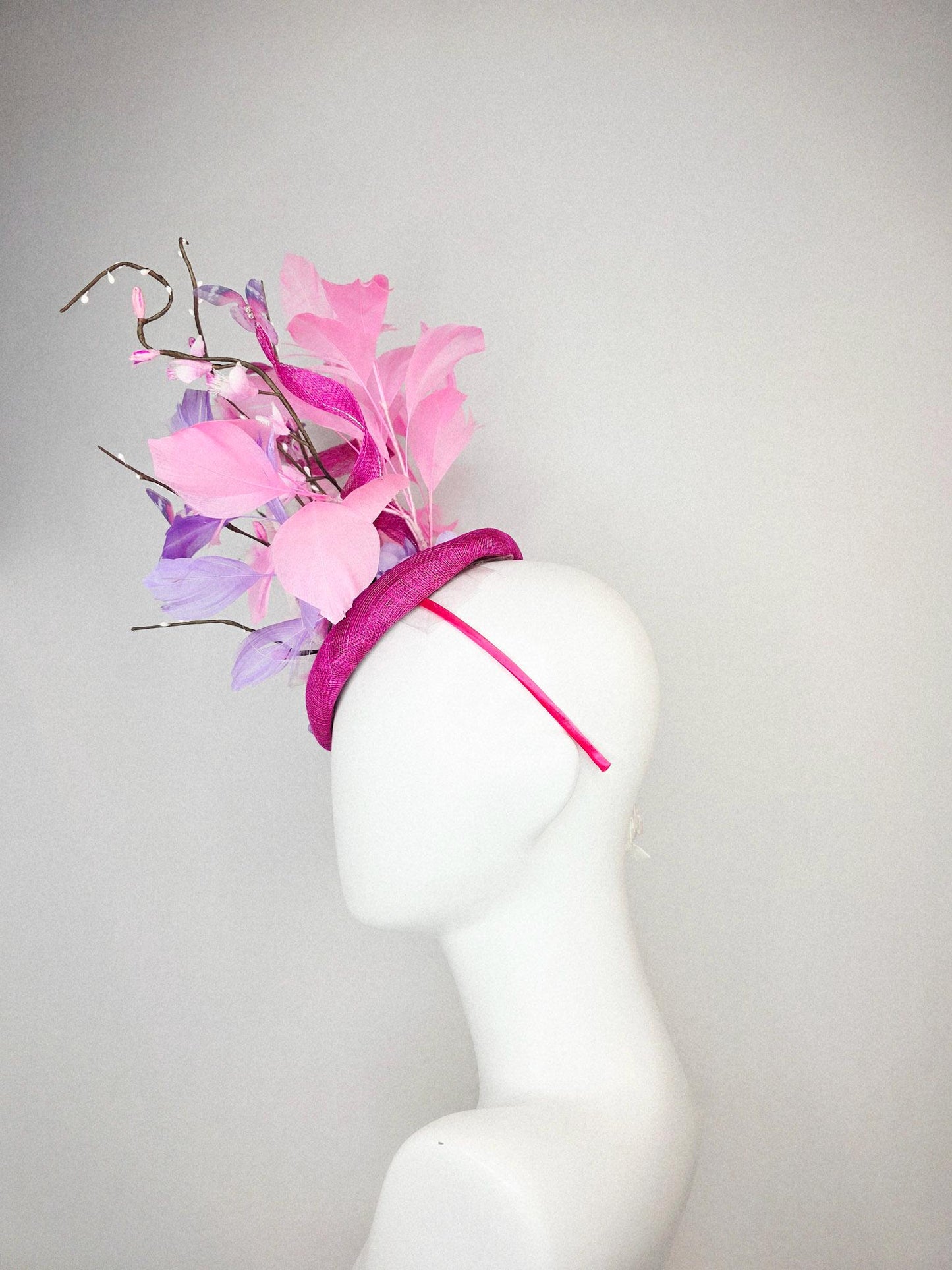 kentucky derby hat fascinator magenta pink sinamay light pink flowers blush pink lavender purple branching feathers baby pink butterflies