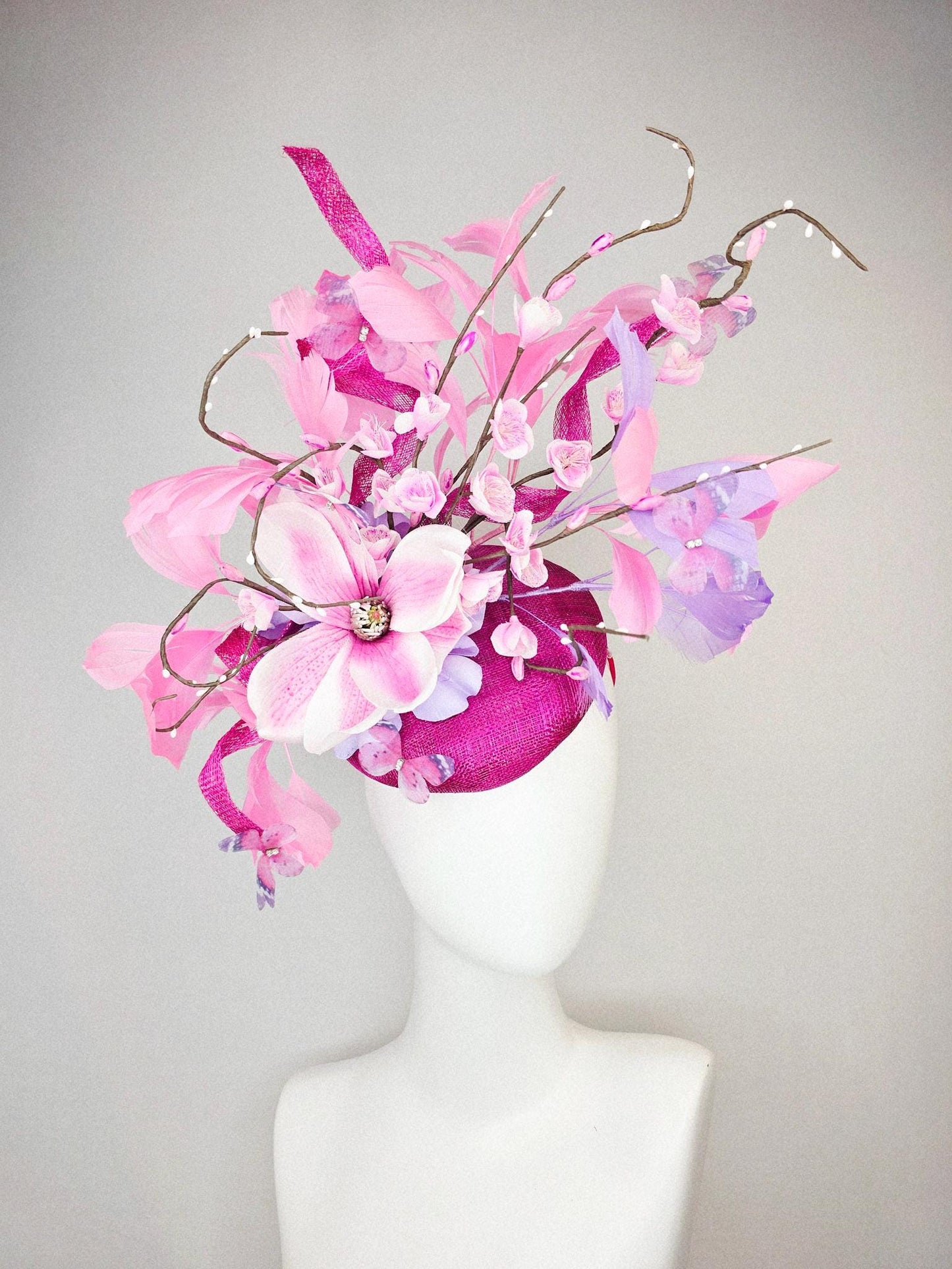 kentucky derby hat fascinator magenta pink sinamay light pink flowers blush pink lavender purple branching feathers baby pink butterflies