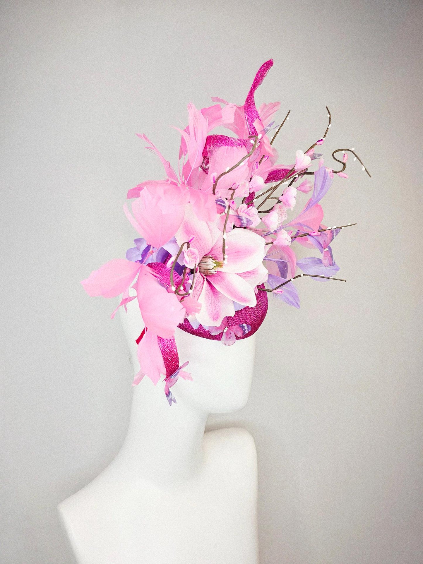 kentucky derby hat fascinator magenta pink sinamay light pink flowers blush pink lavender purple branching feathers baby pink butterflies