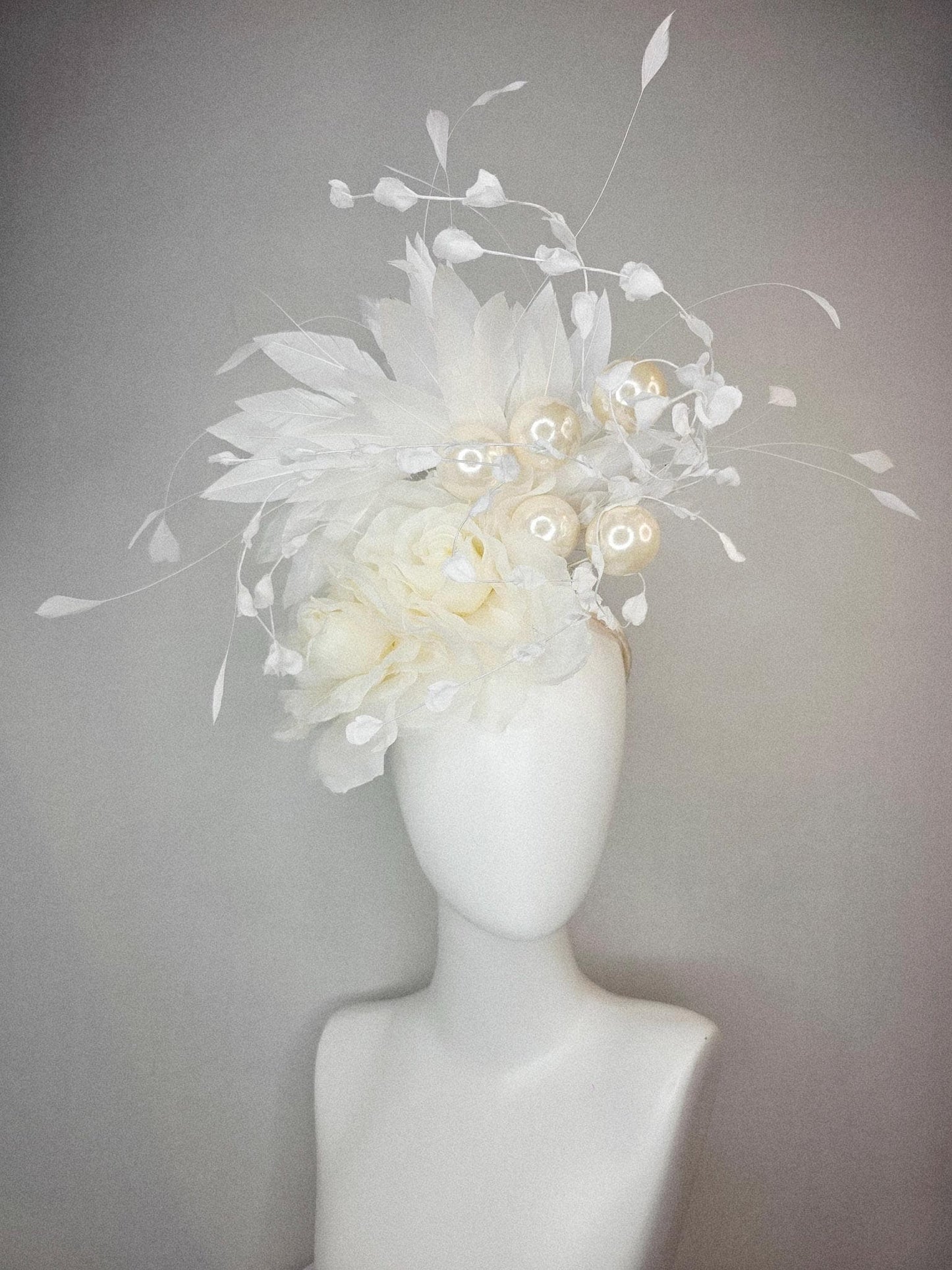 kentucky derby hat fascinator neutral ivory white organza roses with organza leaves large ivory white pearls and white branching feathers
